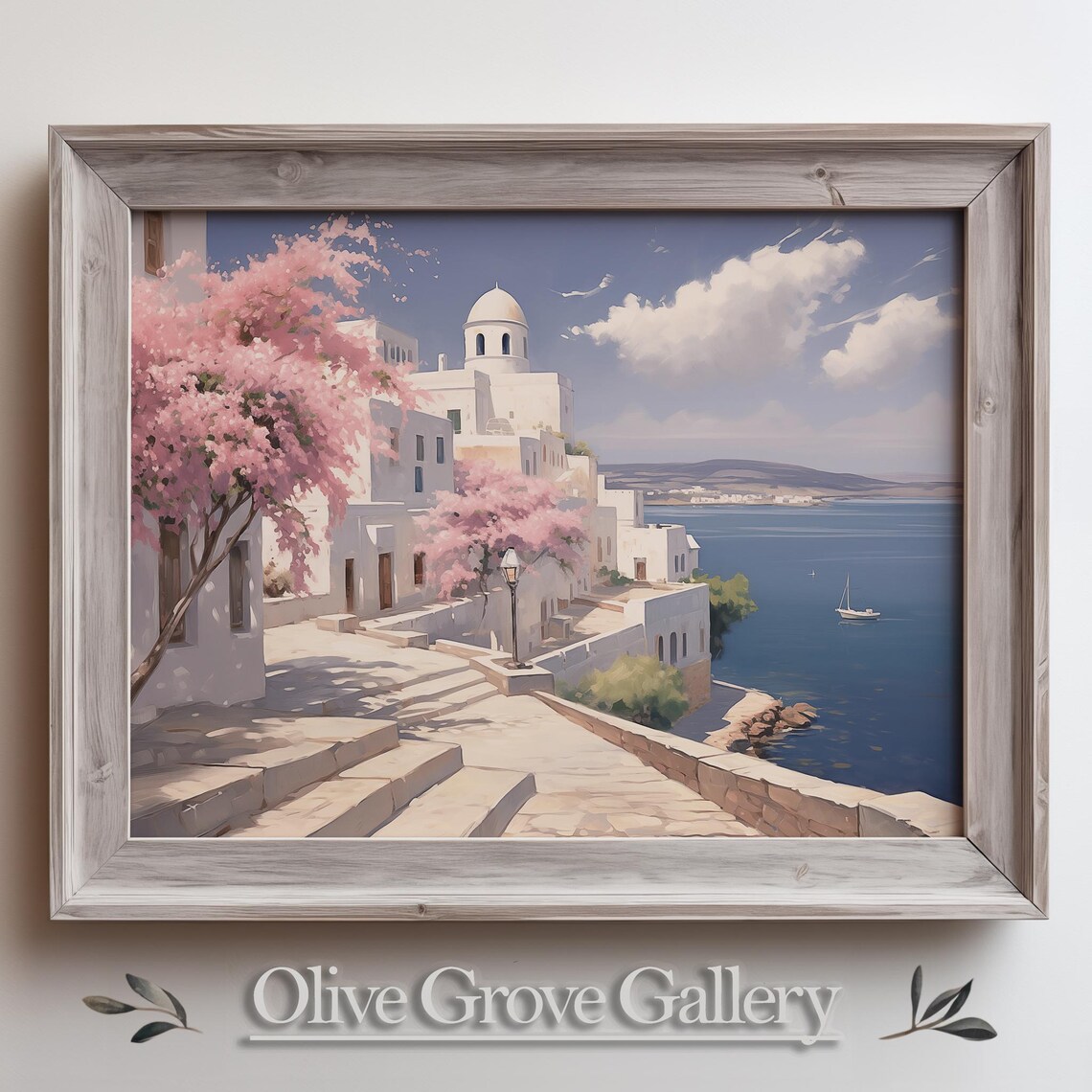 Greek Island Village With Blossoms And Harbor Sailboats Vintage Poster
