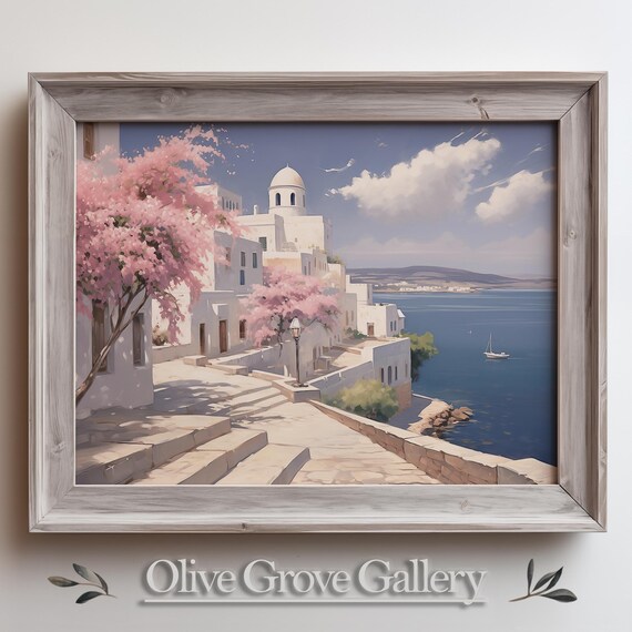 Greek Island Village With Blossoms And Harbor Sailboats Vintage Poster