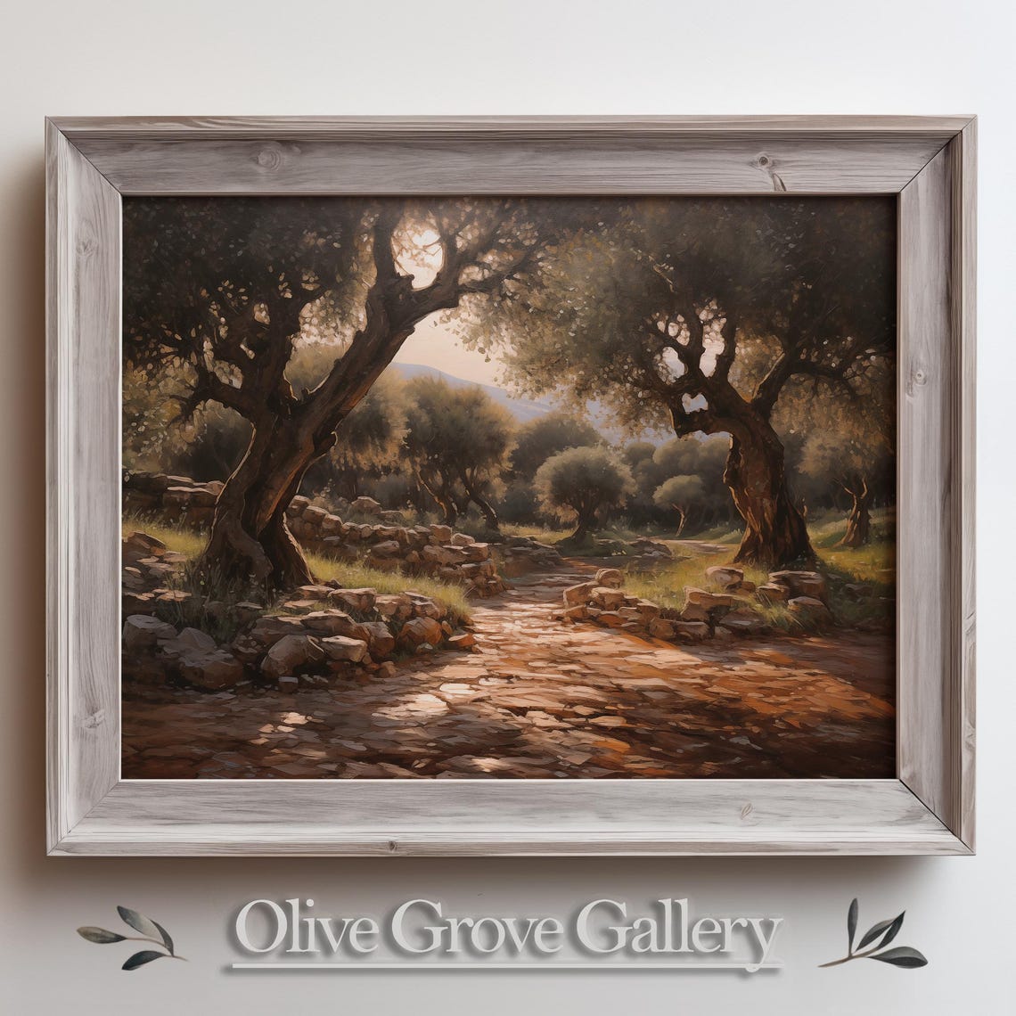 Ancient Olive Grove Stone Path Warm Evening Oil Painting Poster
