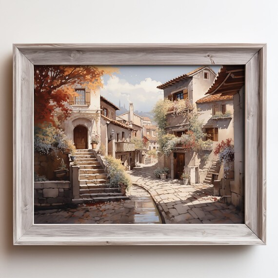 Sunlit Old Town Lane with Stone Steps Oil Painting Style Poster