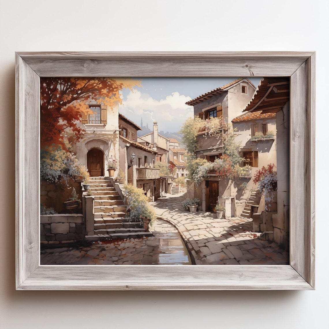 Sunlit Old Town Lane with Stone Steps Oil Painting Style Poster
