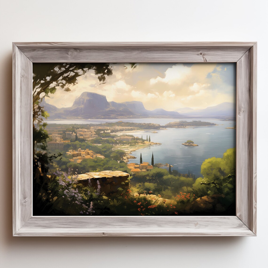 Coastal City Bay View Painting Mountain Island Garden Vista Poster