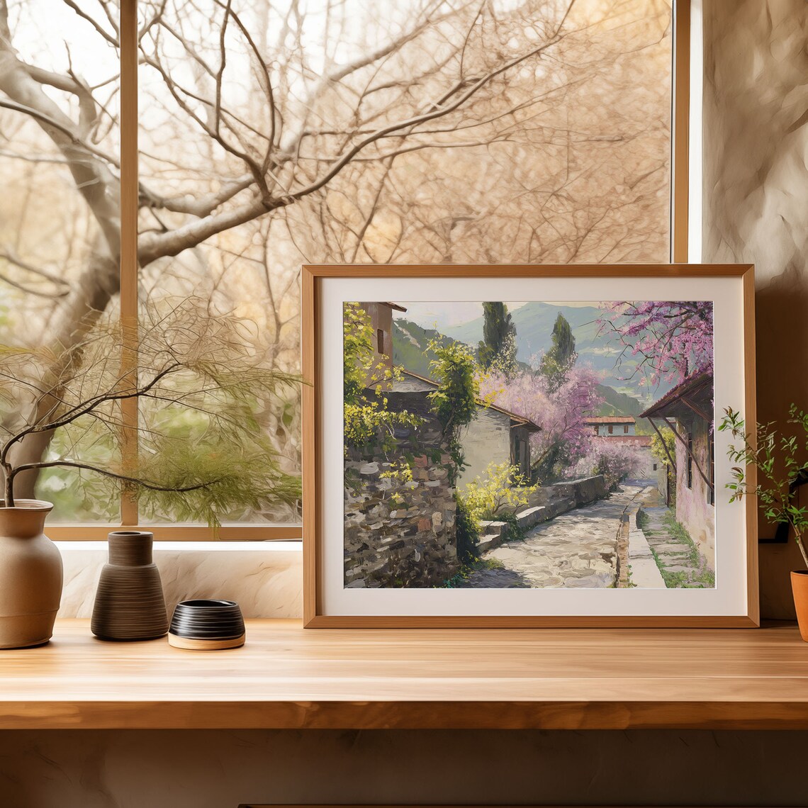 Spring Blossom Lane with Stone Cottages Oil Painting Style Poster - Image 4