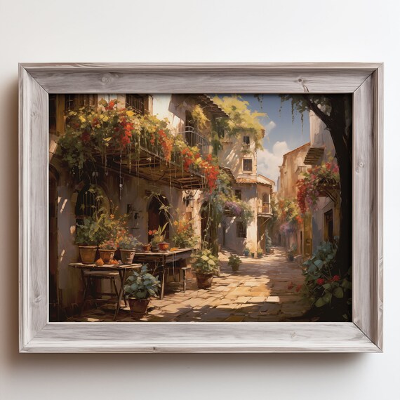 Sunlit Italian Alley Flower Boxes Bougainvillea Cafe Oil Painting Poster