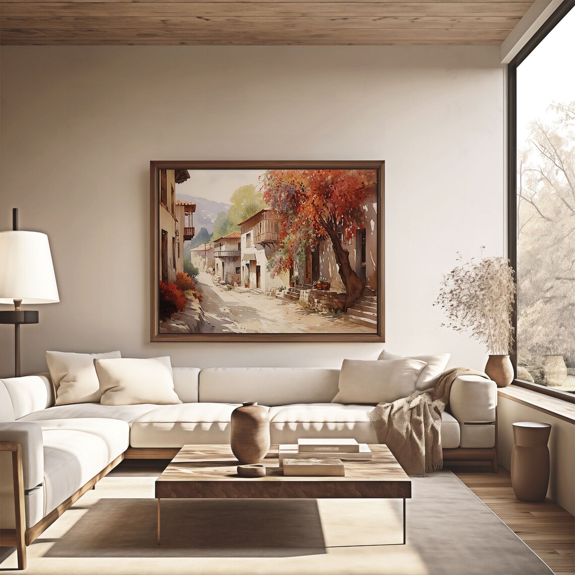 Autumn Village Street with Crimson Tree Oil Painting Style Poster - Image 4