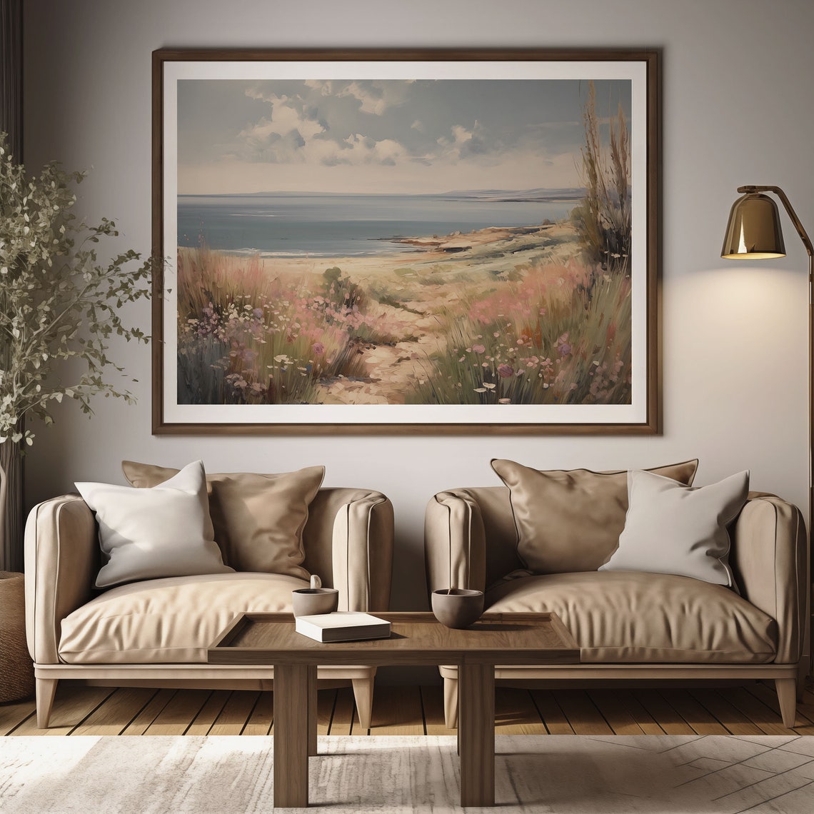 Serene Wildflower Dunes Sandy Beach Calm Sea Pastel Sky Poster - Image 2