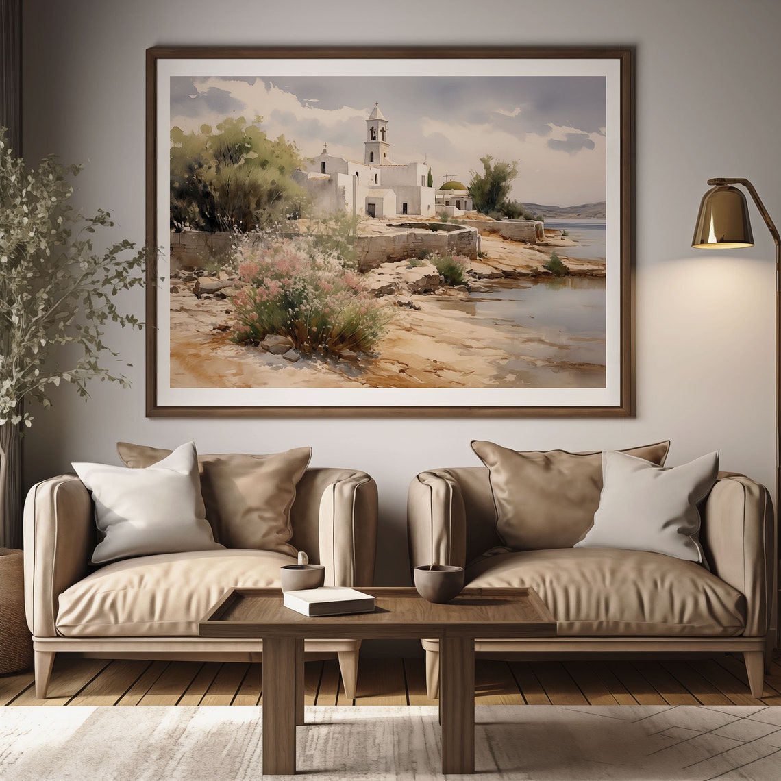 Coastal White Church Bell Tower Rocky Shore Lagoon View Poster - Image 2