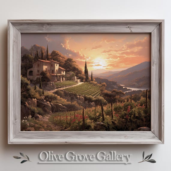 Sunset Over Mediterranean Vineyard Scenic Countryside Landscape Painting Rustic Villa Wall Art Warm Nature Decor Instant Print