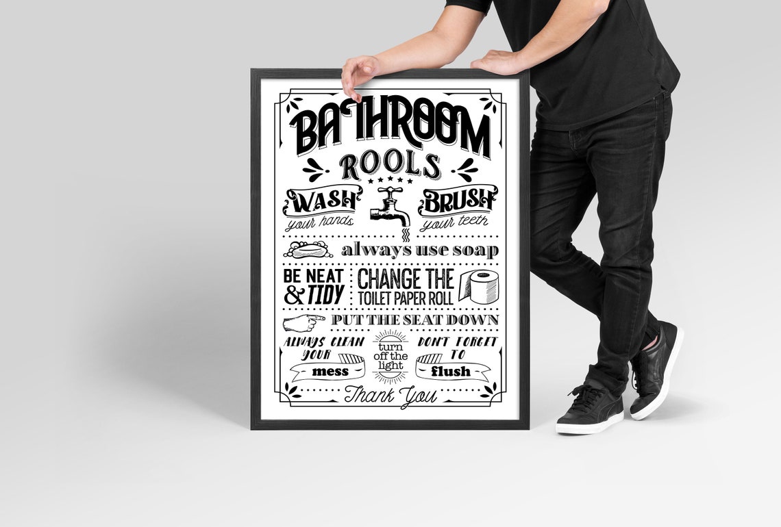 Bathroom Rools Funny Rules Sign Black And White Typography Poster - Image 4