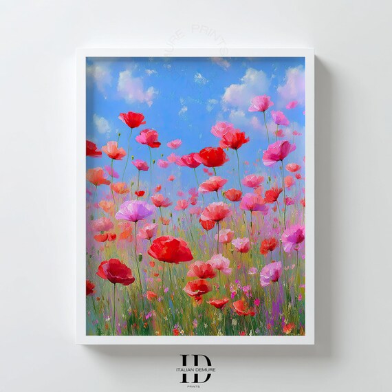 Red Poppy Field Wildflowers Blue Sky Floral Meadow Art Print