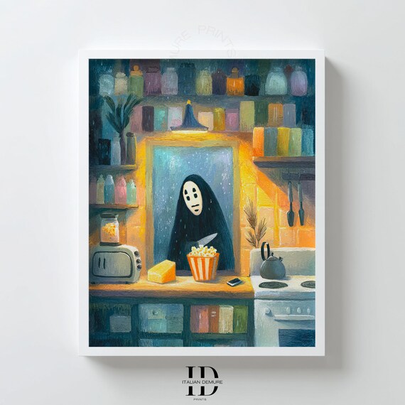 Whimsical Kitchen Wall Art Faceless Spirit Illustration Cozy Night Interior Print Popcorn Movie Poster Home Decor