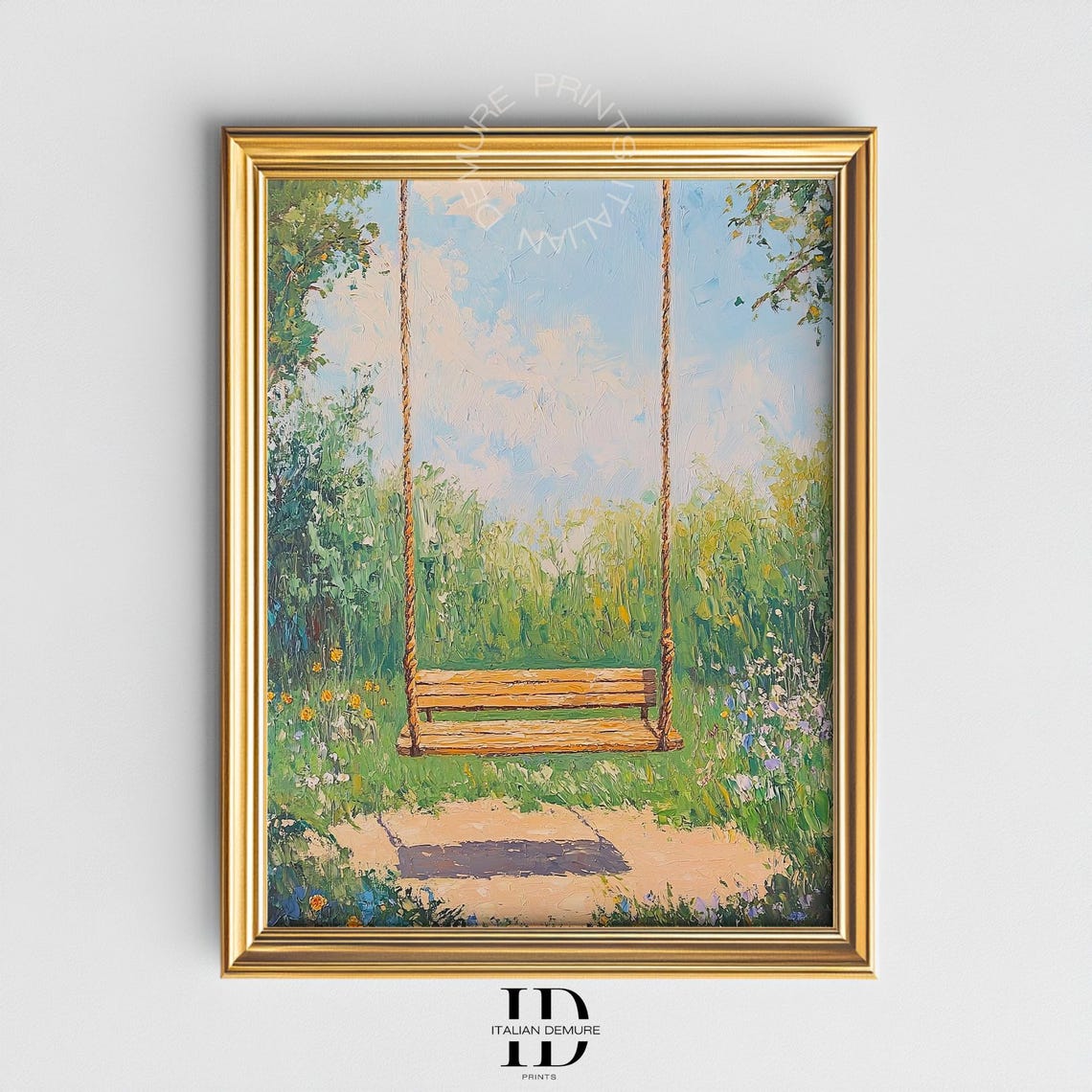 Vintage Garden Swing Blooming Meadow Impressionist Style Art Print