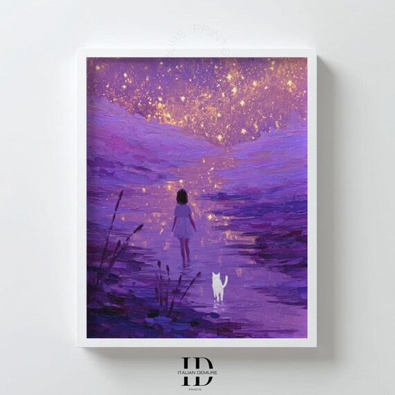 Purple Fantasy Wall Art Girl And Cat Under Stars Dreamlike Landscape Print Magical Whimsical Night Sky Poster