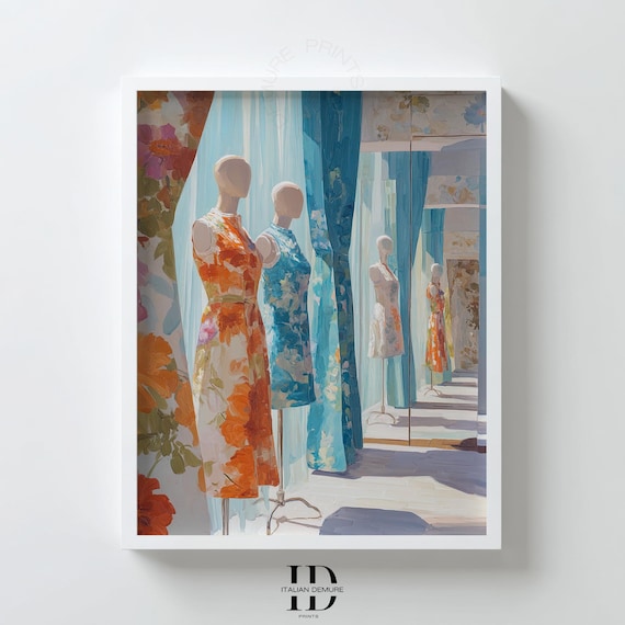 Fashion Boutique Mannequins Floral Dresses Impressionist Shop Window Painting Poster