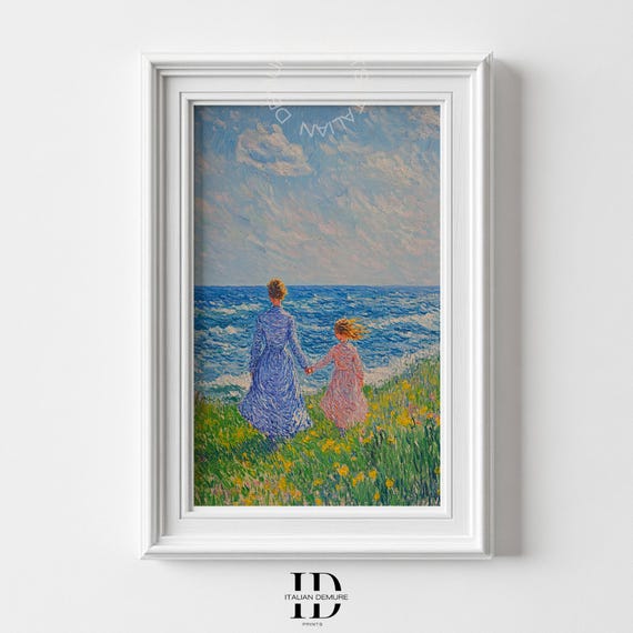 Impressionist Mother And Child Art Print Coastal Wall Vintage Beach Scene Painting Monet Style Ocean Decor