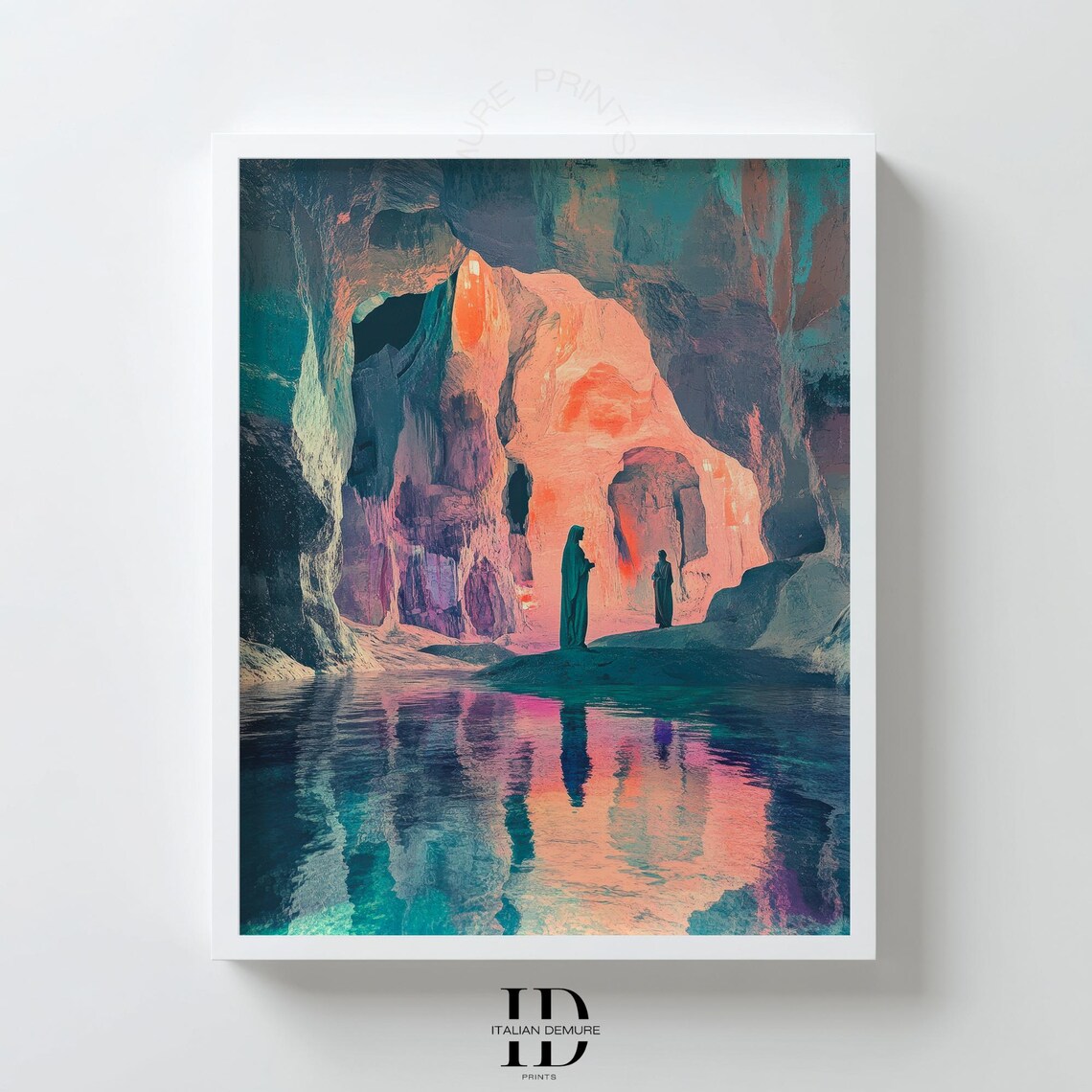 Mystical Cave Glowing Portal Robed Figures Dreamy Fantasy Poster Art