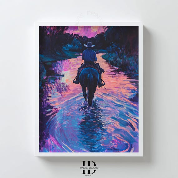 Cowboy Sunset River Ride Print Vibrant Western Landscape Wall Art In Neon Blues Purples For Rustic Home Or Office Decor