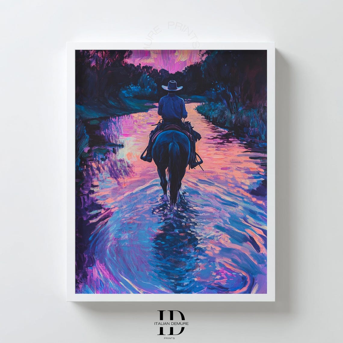 Cowboy Horseback River Crossing Sunset Purple Western Art Poster