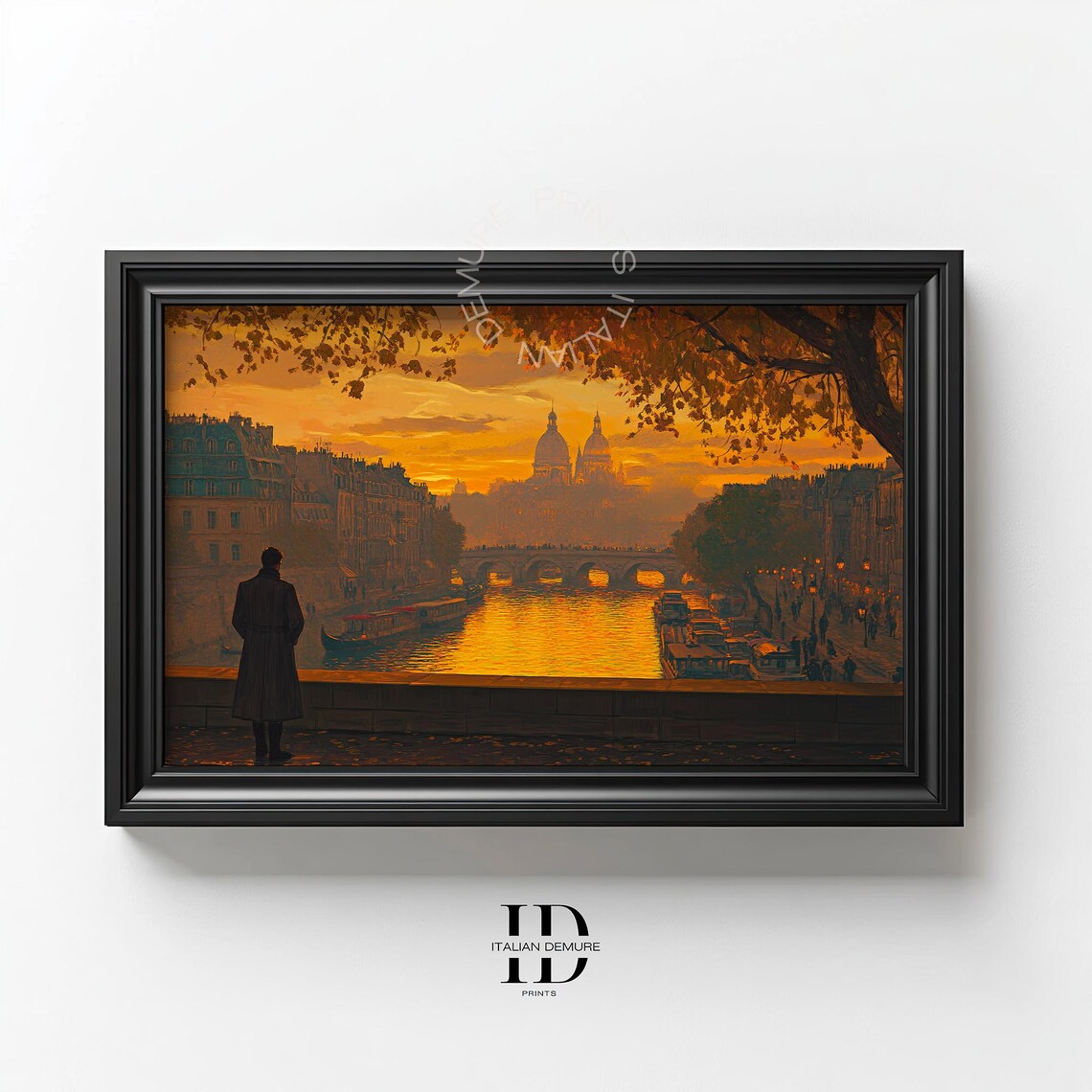 Romantic Paris Seine Autumn Sunset Golden Cityscape Painting Poster