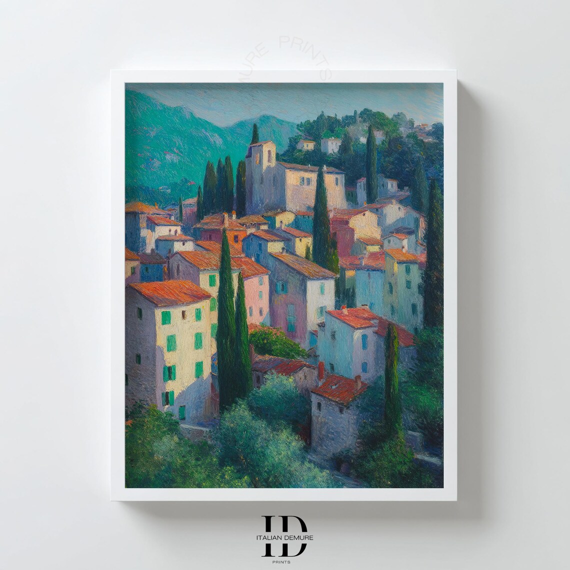 Sunlit Italian Hillside Village with Stone Church Tower Mediterranean Art Print