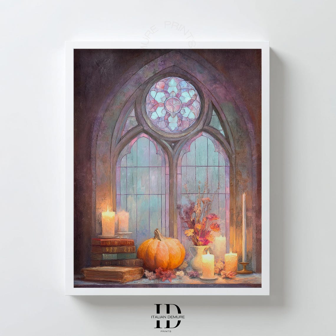 Gothic Window Autumn Still Life Pumpkin Candles Books Cozy Art Poster