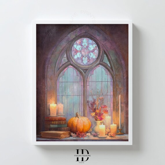 Gothic Window Autumn Still Life Pumpkin Candlelight Print Cozy Cathedral Stained Glass Vintage Books Fall Decor