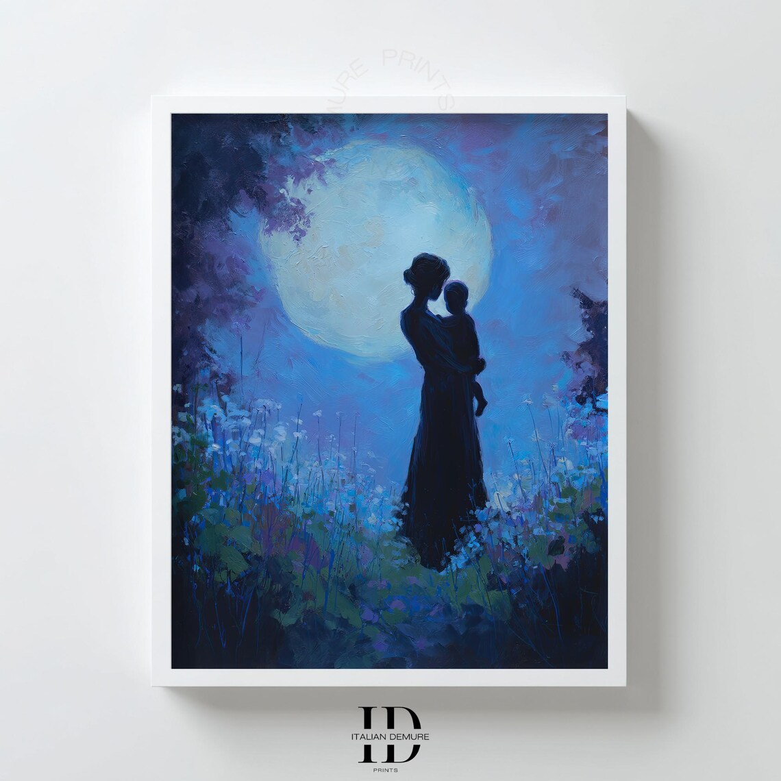 Moonlit Mother and Child Silhouette Full Moon Blue Night Art Print