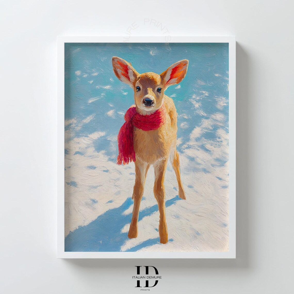 Baby Fawn Wearing a Cozy Red Scarf Standing in Fresh Snow Art Print