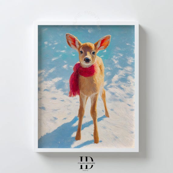 Winter Fawn Wall Art Cute Deer Print With Red Scarf Nursery Decor Whimsical Animal Painting Scandinavian Kids Room