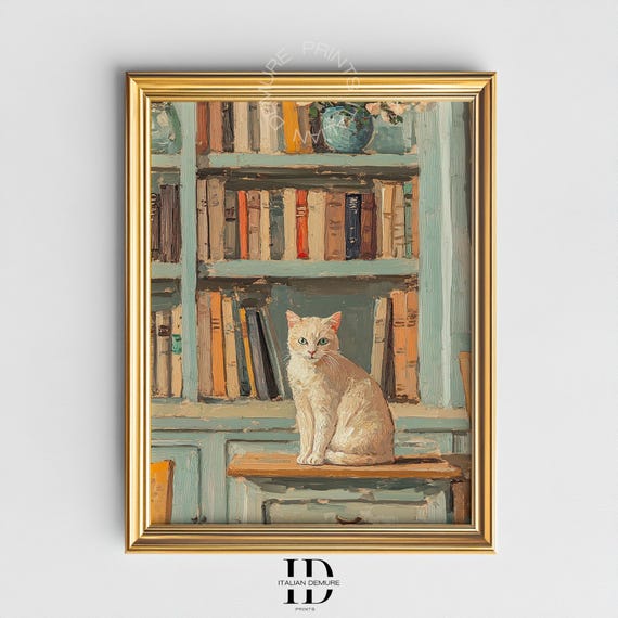 Cream Cat Sitting in Blue Bookshelf Cozy Vintage Library Poster