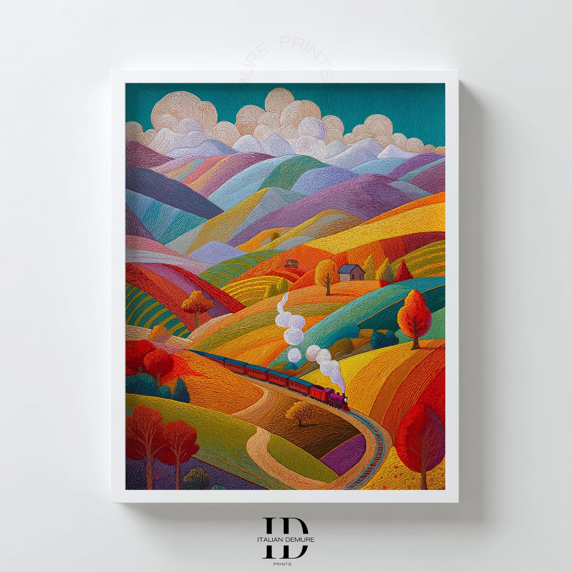 Colorful Steam Train Through Rolling Autumn Countryside Hills Poster