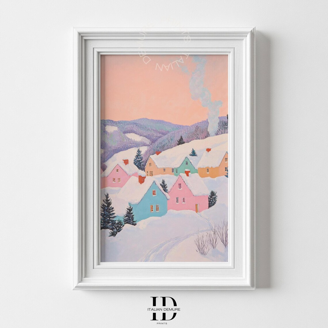 Cozy Pastel Winter Village Snowy Cottages Season Piece Poster