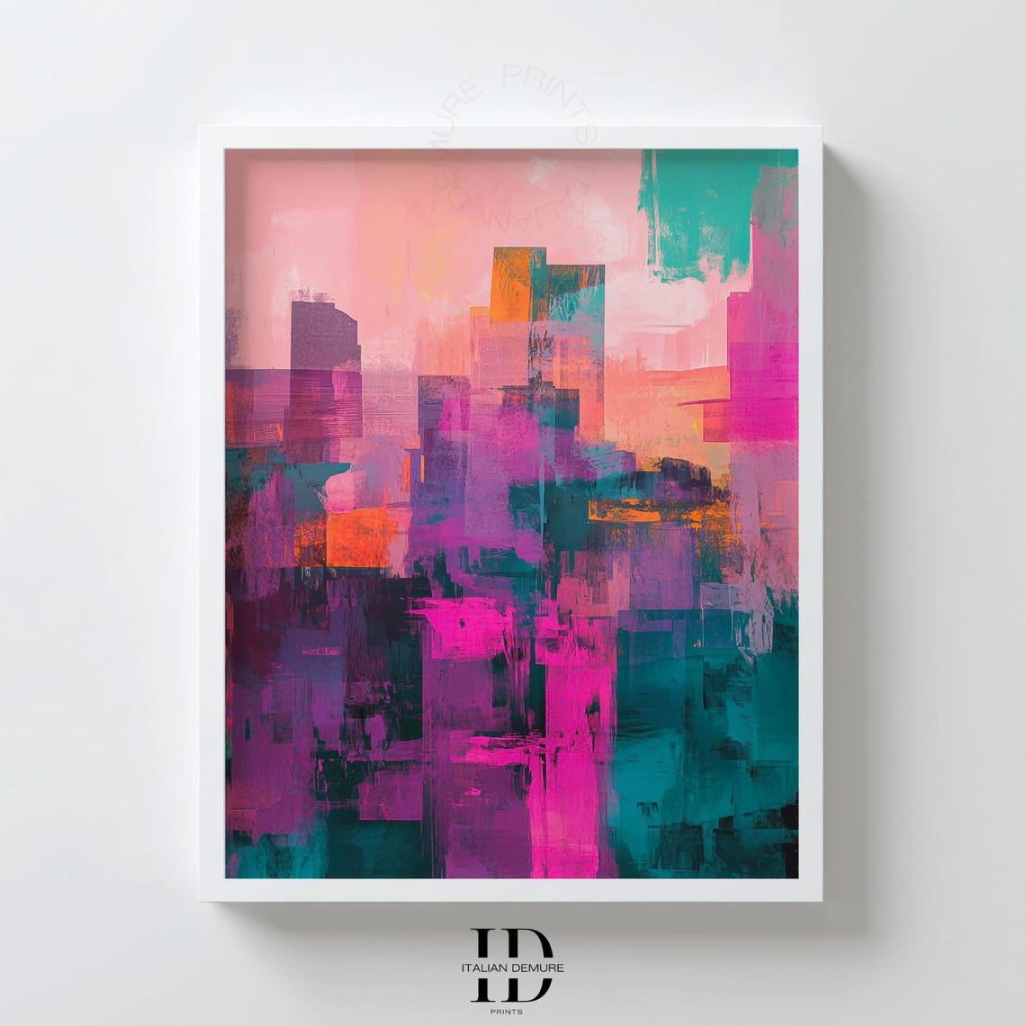 Abstract Pink Teal Cityscape Painterly Urban Skyline Modern Art Poster