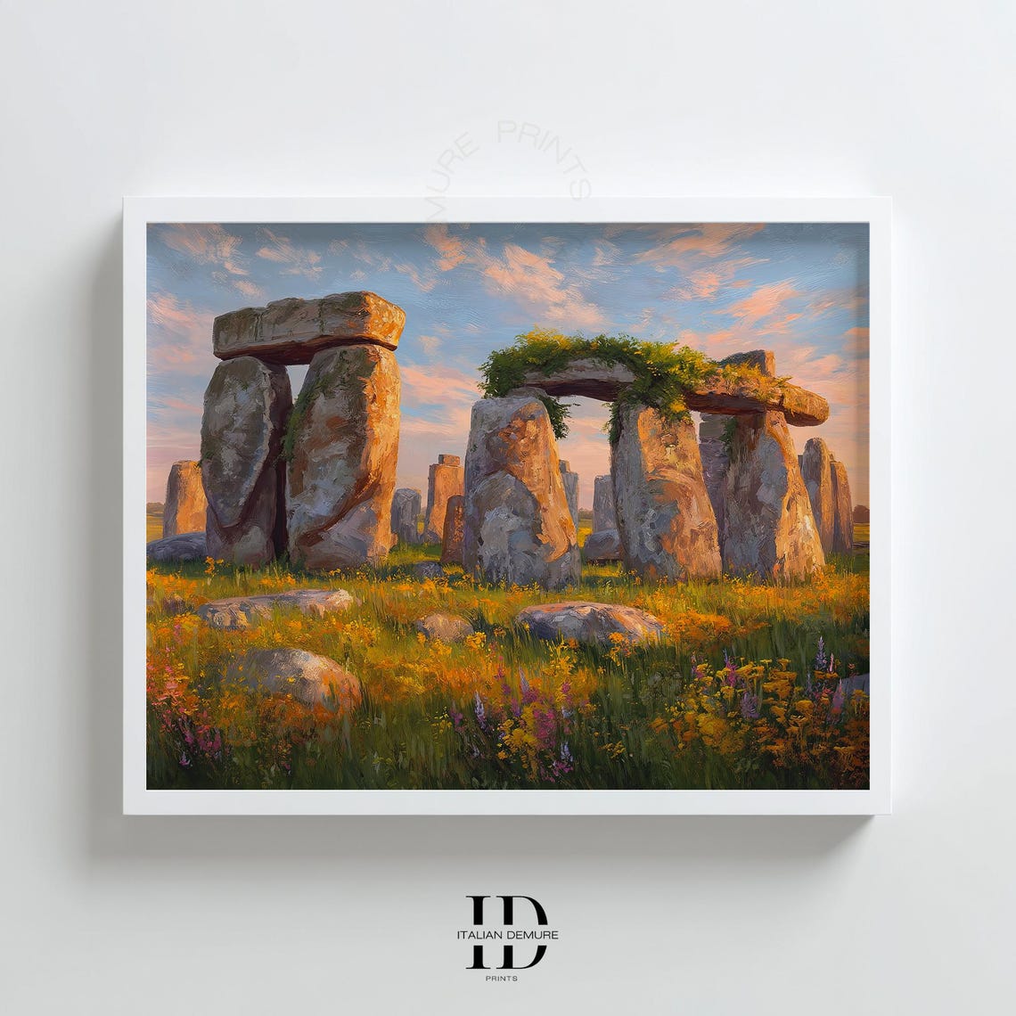 Ancient Stonehenge Sunset Wildflower Field Mystical Stone Art Print