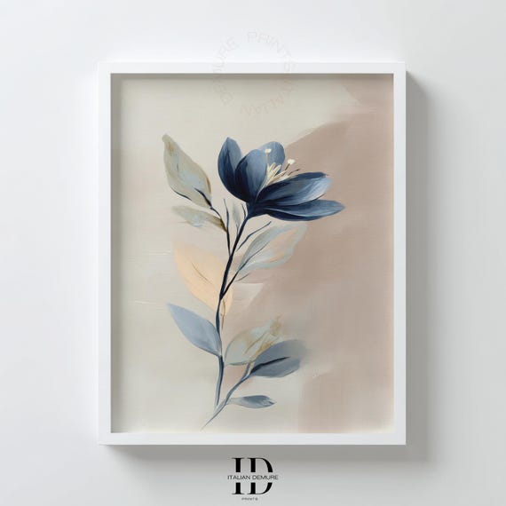 Blue Floral Wall Art Modern Botanical Abstract Flower Painting Beige Background Watercolor Style Print