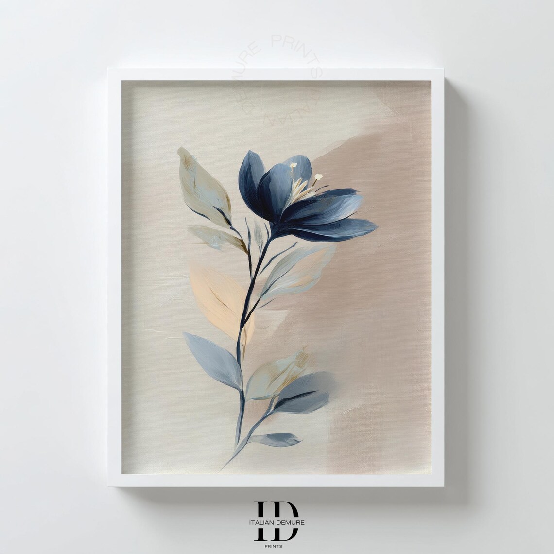 Elegant Blue Floral Botanical Beige Minimalist Flower Art Poster