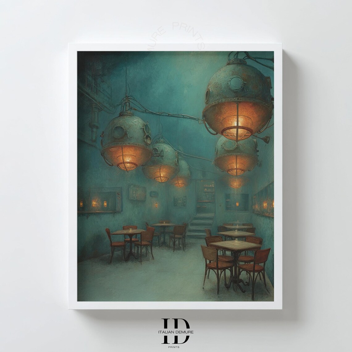 Underwater Steampunk Cafe Vintage Diving Bell Lamps Fantasy Art Poster