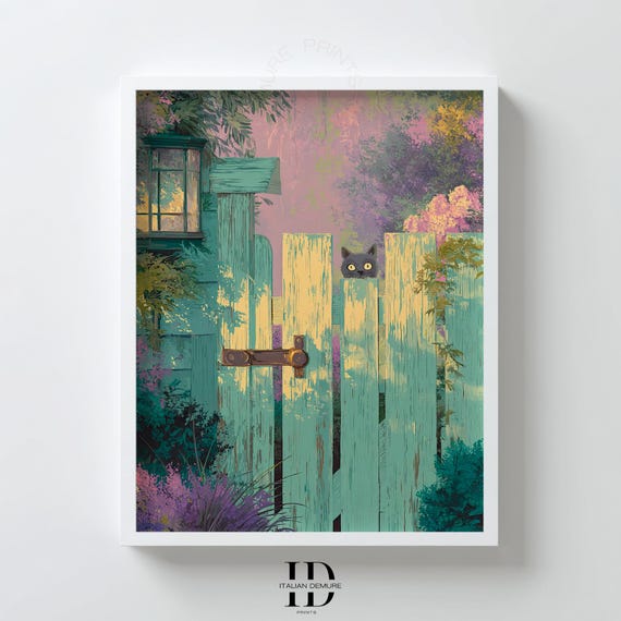 Black Cat Peeking Over Teal Garden Gate Whimsical Pastel Art Print