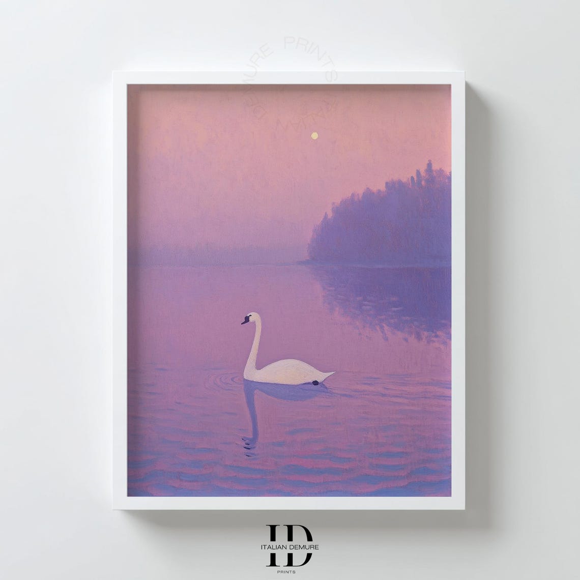 White Swan on Pink Sunset Lake Tranquil Water Reflection Poster