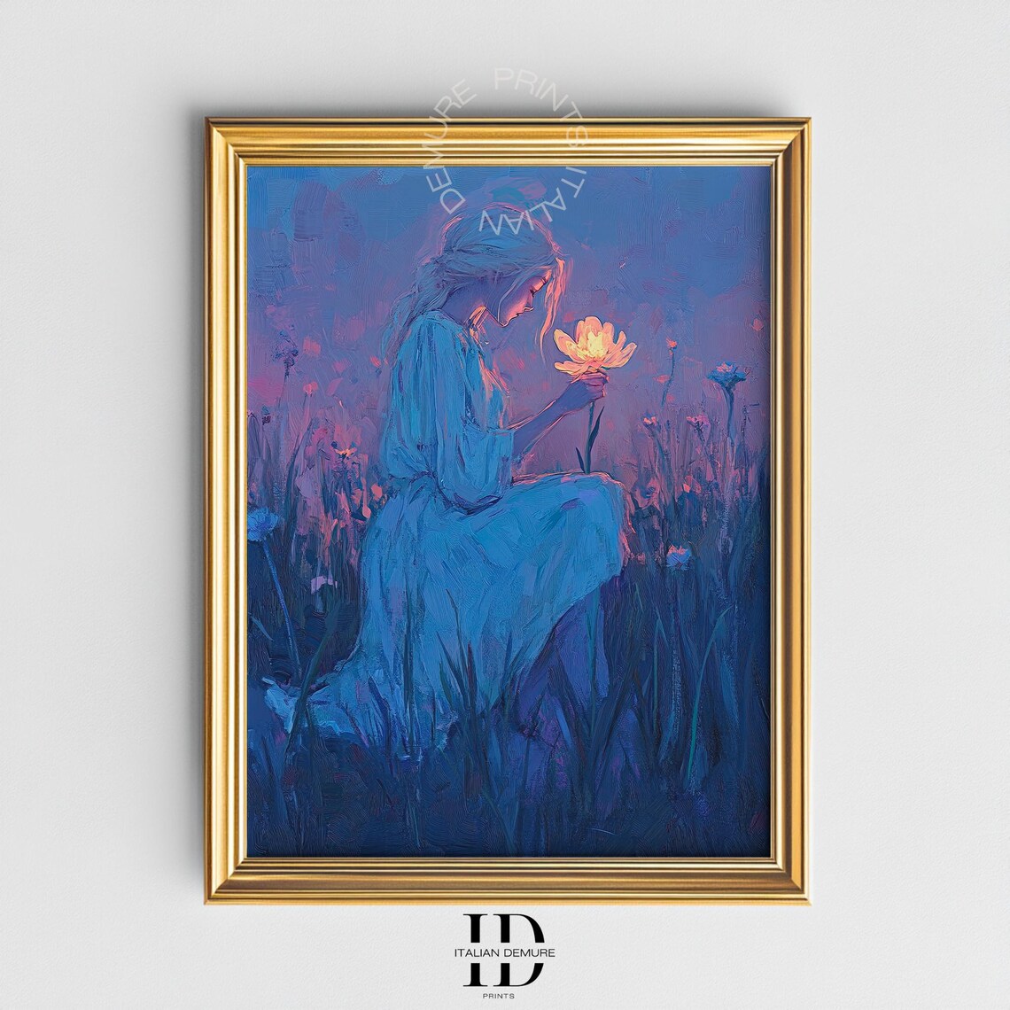 Ethereal Girl Glowing Flower Dreamy Twilight Painting Mystical Poster