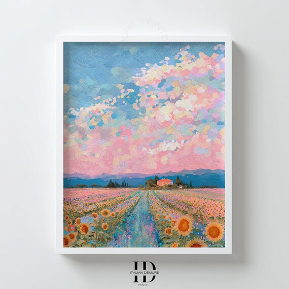 Pastel Sunflower Field Farmhouse Impressionist Painting Poster
