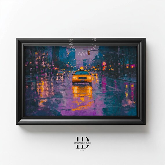 Rainy City Night Yellow Taxi Neon Reflections Oil Painting Poster