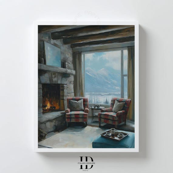 Cozy Winter Cabin Wall Art Mountain Lodge Interior Print Rustic Fireplace Painting Snowy Landscape View Decor
