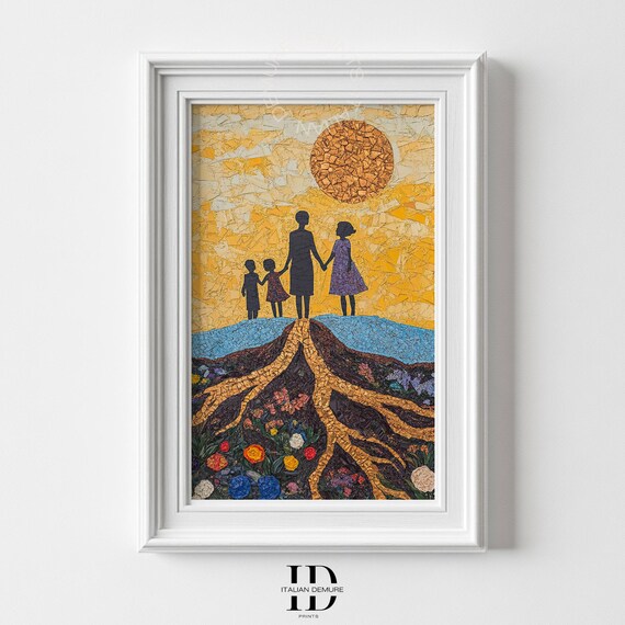 Family Roots Mosaic Art Mother And Children Sunset Tree Roots Poster