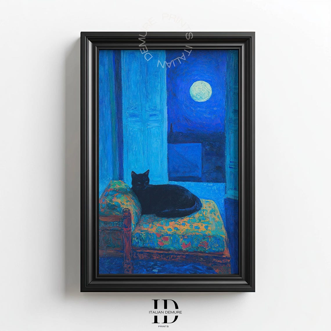 Black Cat by Moonlight Floral Chaise Impressionist Painting Poster