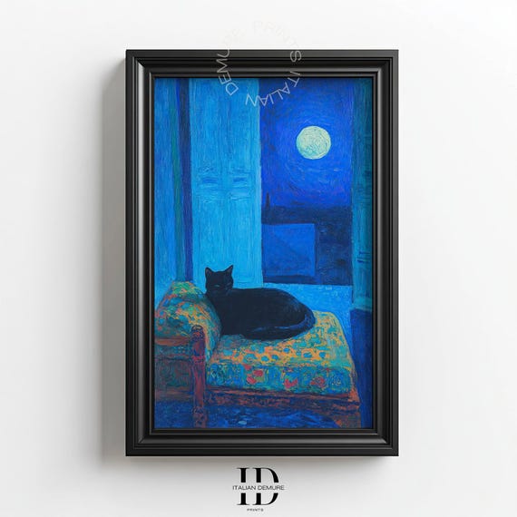 Black Cat by Moonlight Floral Chaise Impressionist Painting Poster