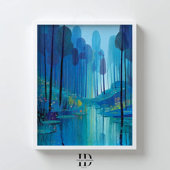 Blue Forest Wall Art Tranquil Nature Landscape Print Abstract Tree Reflection Modern Botanical Poster For Bedroom