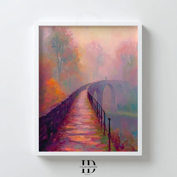 Misty Bridge Wall Art Autumn Fog Landscape Print Impressionist Pastel Decor Serene River Poster Bedroom Artwork