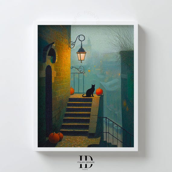 Black Cat Halloween Wall Art Misty Lantern Street Print Moody Alley Decor Pumpkin Night Illustration Poster
