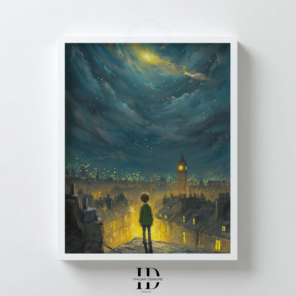 London Night Skyline Child On Rooftop Big Ben Starry Night Poster